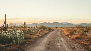 Generative AI, lonely road in the desert, aesthetic, muted neutral colors, cacti plants photo