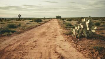 generativo ai, solitario la carretera en el desierto, estético, apagado neutral colores, cactus plantas foto