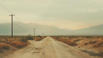 Generative AI, lonely road in the desert, aesthetic, muted neutral colors, cacti plants photo