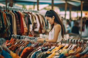 joven mujer a ahorro mercado ai generado foto