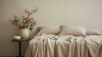 Generative AI, Relaxing bedroom detail of bed with natural linen textured bedding, muted neutral aesthetic colors photo