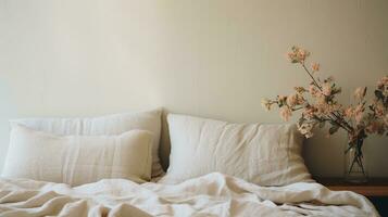 Generative AI, Relaxing bedroom detail of bed with natural linen textured bedding, muted neutral aesthetic colors photo