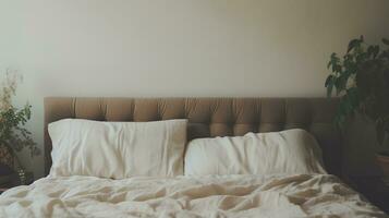generativo ai, relajante dormitorio detalle de cama con natural lino texturizado lecho, apagado neutral estético colores foto