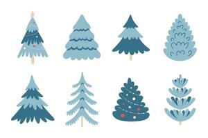 Collection of blue Christmas trees on white background. vector