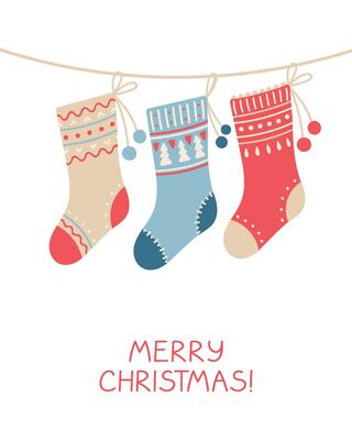 Christmas greeting card with socks  in flat style.