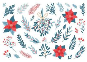 Set of hand drawn plant twigs, fir branches, berries, mistletoe, poinsettia, holly. vector