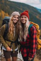 dos mujer selfie juntos en el montaña ai generado foto