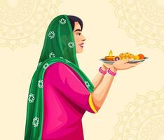 Indian Woman in ethnic cloth holding decorated puja thali festival background design vector