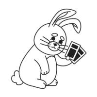 Smiling fluffy bunny holding tickets monochromatic flat vector character. Happy rabbit with event vouchers. Editable thin line full body personage on white. Simple bw cartoon spot image for web design