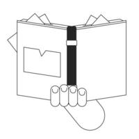 Hand holding book flat monochrome isolated vector object. Literature. Enciclopedian with stickers. Editable black and white line art drawing. Simple outline spot illustration for web graphic design