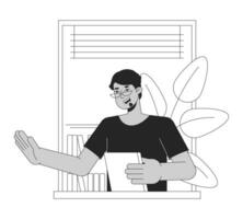 Man greeting bw concept vector spot illustration. Neighbor. Indian male with book on balcony 2D cartoon flat line monochromatic character for web UI design. Editable isolated outline hero image