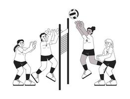 Sportswomen playing volleyball monochrome concept vector spot illustration. Team. Game with ball. Championship 2D flat bw cartoon characters for web UI design. Isolated editable hand drawn hero image