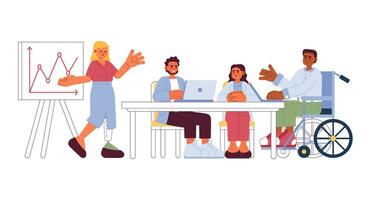 Diversity people business cartoon flat illustration. Speaker woman with prosthetic leg, wheelchair colleague 2D characters isolated on white background. Office meeting scene vector color image