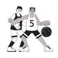 Basketball players with ball monochrome concept vector spot illustration. Team sport. Men playing basketball 2D flat bw cartoon characters for web UI design. Isolated editable hand drawn hero image