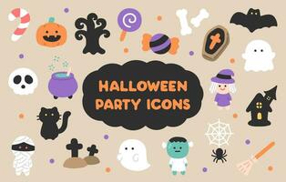 Doodle Hand-drawn Pastel Color, Cute Halloween Party Icons for Kids. vector