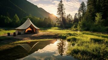 Generative AI, Camping outdoor concept near the lake or river, tourist camp on the beautiful green landscape with mountains photo