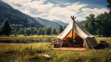 Generative AI, Camping outdoor concept near the lake or river, tourist camp on the beautiful green landscape with mountains photo