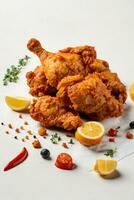 Fried Chicken Delight, Crispy and Golden on a White Background, AI Generated photo