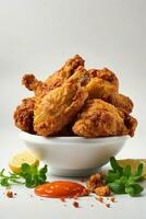 Fried Chicken Delight, Crispy and Golden on a White Background, AI Generated photo