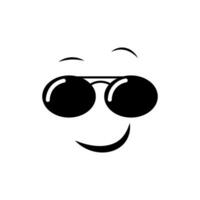Face expression. Smiling facial expression in sunglasses. Vector drawing.
