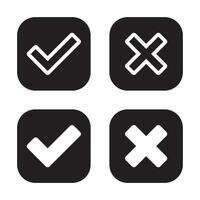 Check mark and x cross icon vector in black square