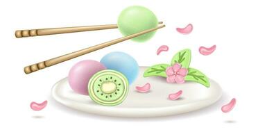 3d realistic japanese dessert Daifuku Mochi with kiwi on a plate. a whole and half a cake in rice dough. Serving dish with sakuri flowers and hashi holding mochi. vector