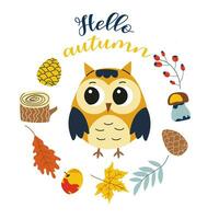 Hello autumn. Cartoon owl, hand drawing lettering. Card with leaves, autumn elements and cute forest animal on white background.Design for cards, print, poster. vector