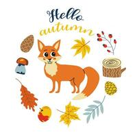 Hello autumn. Cartoon fox, hand drawing lettering. Card with leaves, autumn elements and cute forest animal on white background.Design for cards, print, poster. vector