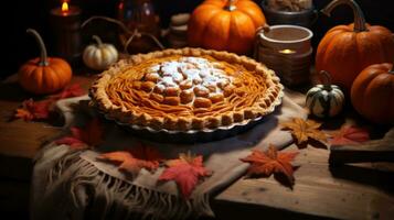 Pumpkin pie with whipped cream and cinnamon on rustic background photo