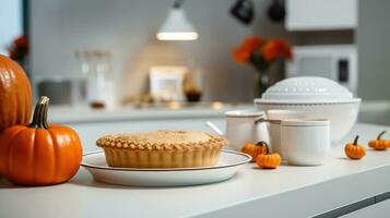 Traditional pumpkin pie and autumn decor in a white modern kitchen. photo