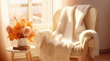 Cute autumn hygge home decor arrangement. Cozy chair with a warm blanket photo