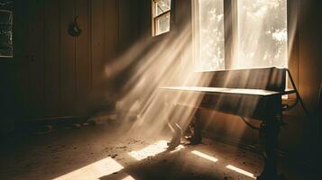 Dusty room with old distressed windows and sun rays. Abandoned grungy interior with lights in the dust. Generated AI. photo