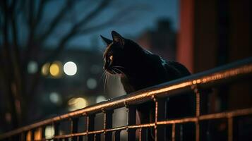 negro gato sentado en un barandilla a noche, en el estilo de vida en nuevo York ciudad. generado ai. foto