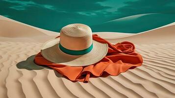Hat and towel on the sand of the beach. Vacation scene with straw hat on the shore line. Generative AI. photo