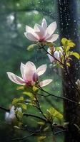 Wild magnolia after rain in the forest AI Generated Image photo