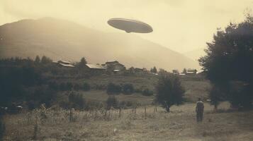 Generative AI, UFO over the Italian landscape vintage photo, aliens witnesses retro 1930s style photography photo