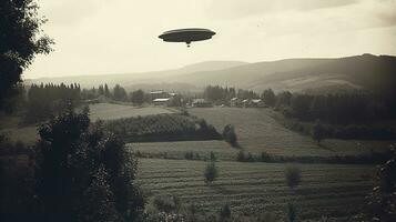 Generative AI, UFO over the Italian landscape vintage photo, aliens witnesses retro 1930s style photography photo