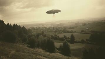 Generative AI, UFO over the Italian landscape vintage photo, aliens witnesses retro 1930s style photography photo