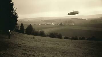 Generative AI, UFO over the Italian landscape vintage photo, aliens witnesses retro 1930s style photography photo