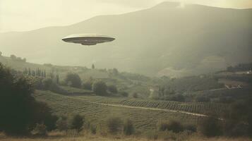 Generative AI, UFO over the Italian landscape vintage photo, aliens witnesses retro 1930s style photography photo