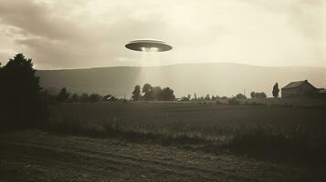 Generative AI, UFO over the Italian landscape vintage photo, aliens witnesses retro 1930s style photography photo