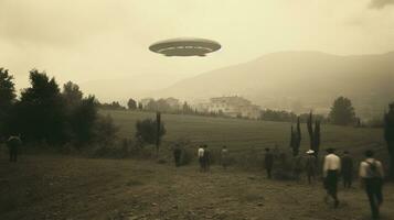 Generative AI, UFO over the Italian landscape vintage photo, aliens witnesses retro 1930s style photography photo