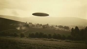 Generative AI, UFO over the Italian landscape vintage photo, aliens witnesses retro 1930s style photography photo