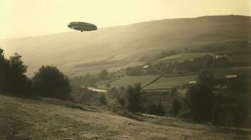 Generative AI, UFO over the Italian landscape vintage photo, aliens witnesses retro 1930s style photography photo