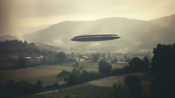 Generative AI, UFO over the Italian landscape vintage photo, aliens witnesses retro 1930s style photography photo