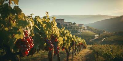 generativo ai, hermosa italiano viñedo, verde paisaje. filas de vides en puesta de sol foto