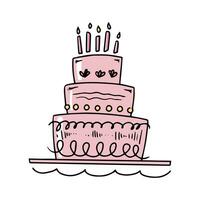 Big cake with candles in doodle style on a white background. Festive concept. Hand drawn vector colored outline icon.