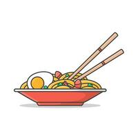 Red Plate Of Ramen Noodles With Boiled Eggs, Shrimp, And Chopsticks Vector Icon Illustration. Oriental Noodle Food. Asian Noodles Icon