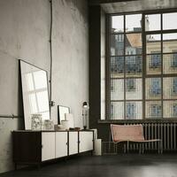 3d Render of old livingroom with concrete walls and floor. Dark and white cabinet near a big window and a brown leather armchair. Soft natural light. photo