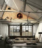 3d Render of an old industrial Livingroom with concrete and brick walls. Big window with natural light. Brown sofas and black armchirs with low table and carpet. photo